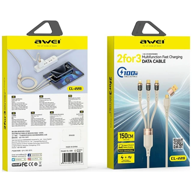 Кабель Awei CL-228 USB-C/Lightning/Micro USB 3в1 Black (6954284019330)