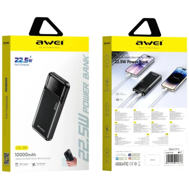 Powerbank AWEI PA-90 10000mAh 22,5W PD 2xUSB-C Black