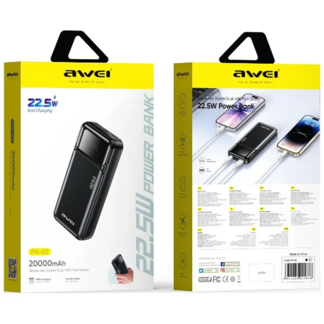 Powerbank AWEI PA-92 20000mAh 22,5W PD 2xUSB-C Black