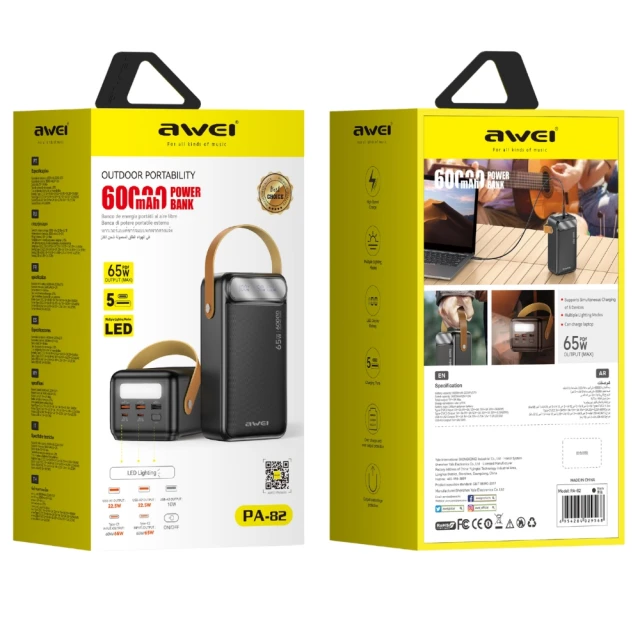 Powerbank Awei PA-82 60000mAh 65W PD 2xUSB-A/USB-C Black (6954284029568)