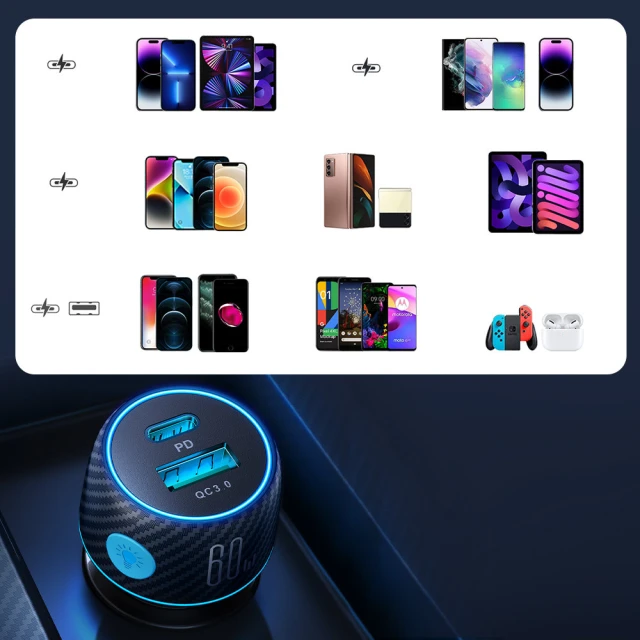 Автомобільний зарядний пристрій Joyroom Lumina LED Quick Charge USB-C/USB-A 60W Black (JR-CCN01)