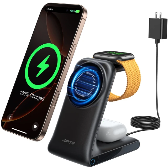 Бездротова зарядка Joyroom JR-W15 3 в 1 Black with MagSafe (6956116745004)