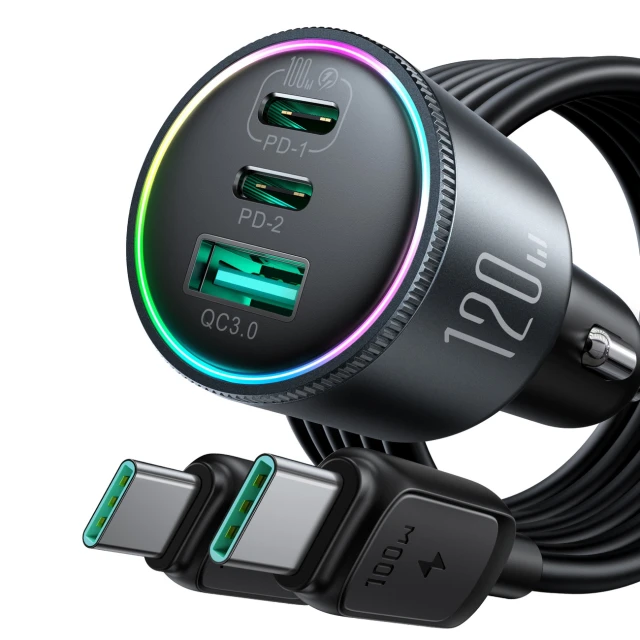 Автомобільний зарядний пристрій Joyroom 120W 2xUSB-C/USB-A with USB-C to USB-C Cable 100W Dark Grey (JR-CCN07)