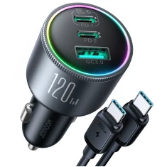 Автомобільний зарядний пристрій Joyroom 120W 2xUSB-C/USB-A with USB-C to USB-C Cable 100W Dark Grey (JR-CCN07)