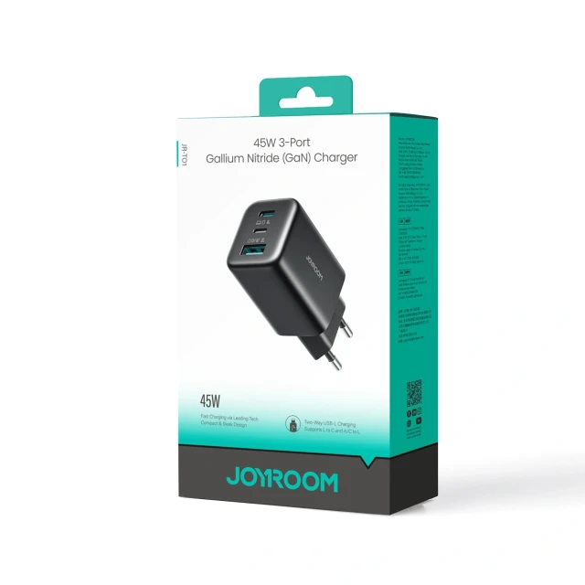 Зарядний пристрій Joyroom JR-TO1 GaN 45W USB-C Lightning USB-A Black (6956116790929)