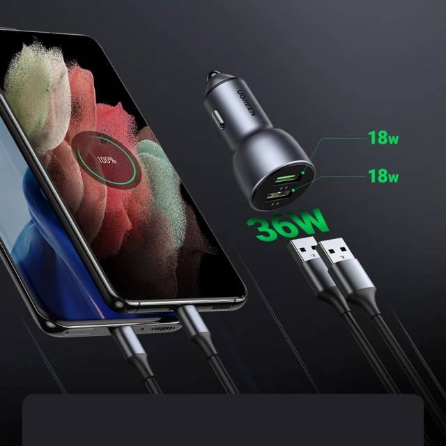 Автомобільний зарядний пристрій Ugreen Quick Charge 2x USB-A 36W Gray (UGR988GRY)
