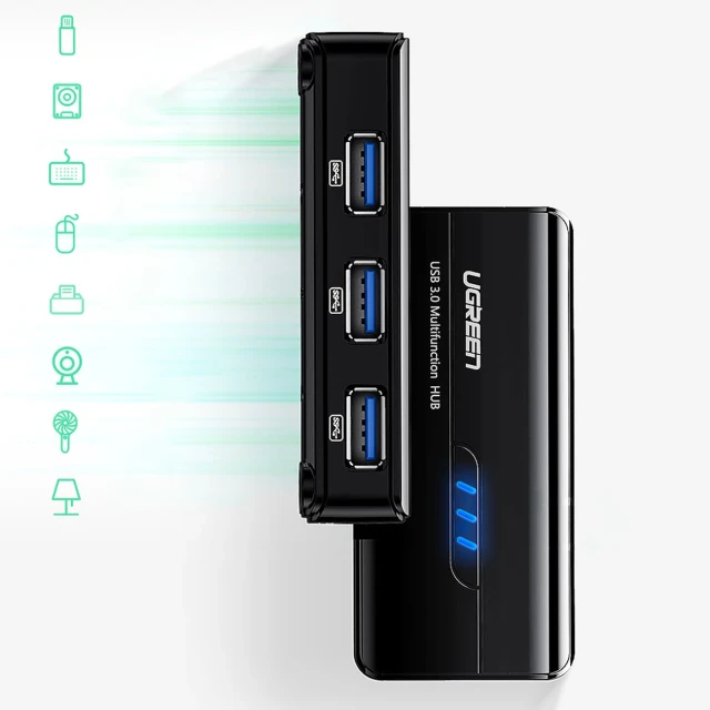 Адаптер мережевий Ugreen 20265 USB-A / RJ45 1000 Mbps HUB 3x USB 3.0 Black (20265-ugreen)