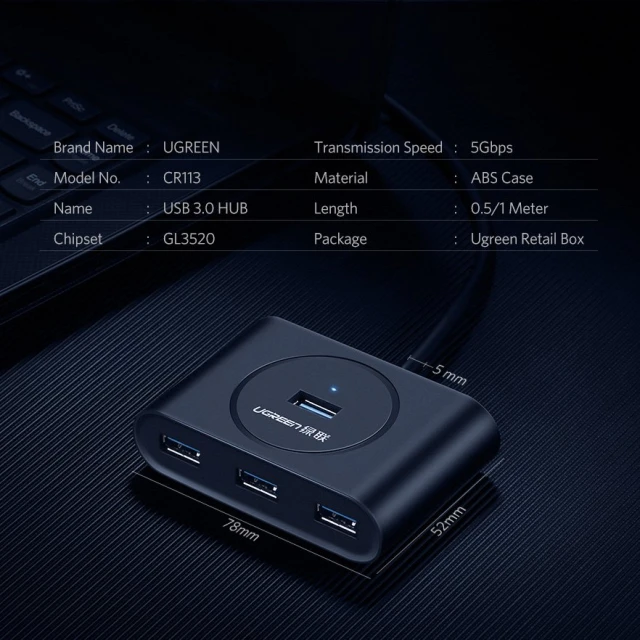 USB-хаб Ugreen HUB Splitter 4x USB-A 0.5m Black (UGR080)