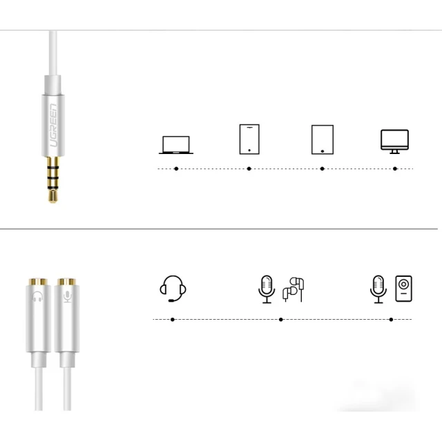 Кабель Ugreen Headphone Splitter 3.5 mm Mini Jack/AUX (Microphone + Stereo Output) 20cm Silver (6957303836192)