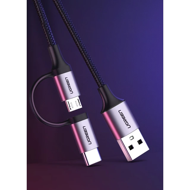Кабель Ugreen 2-in-1 USB-A/micro USB/USB Type-C 2.4A 1m Black (UGR243BLKGRY)
