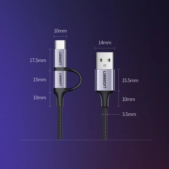 Кабель Ugreen 2-in-1 USB-A/micro USB/USB Type-C 2.4A 1m Black (UGR243BLKGRY)