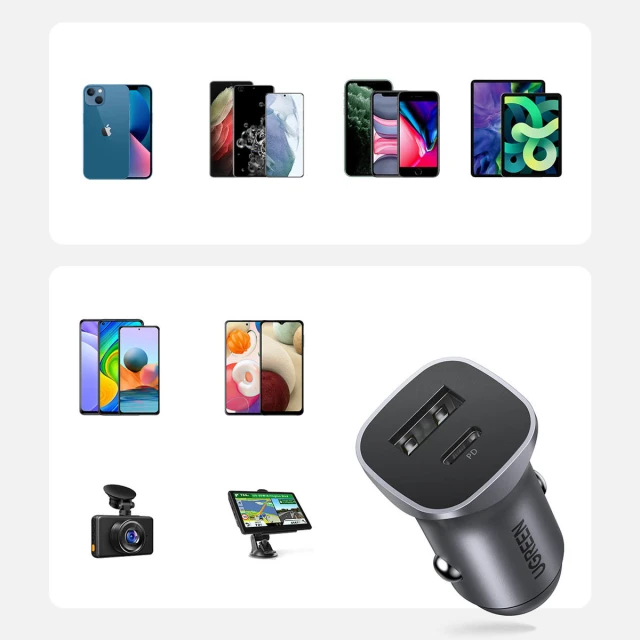 Автомобільний зарядний пристрій Ugreen USB-A/USB-C 30W Grey (6957303848584)