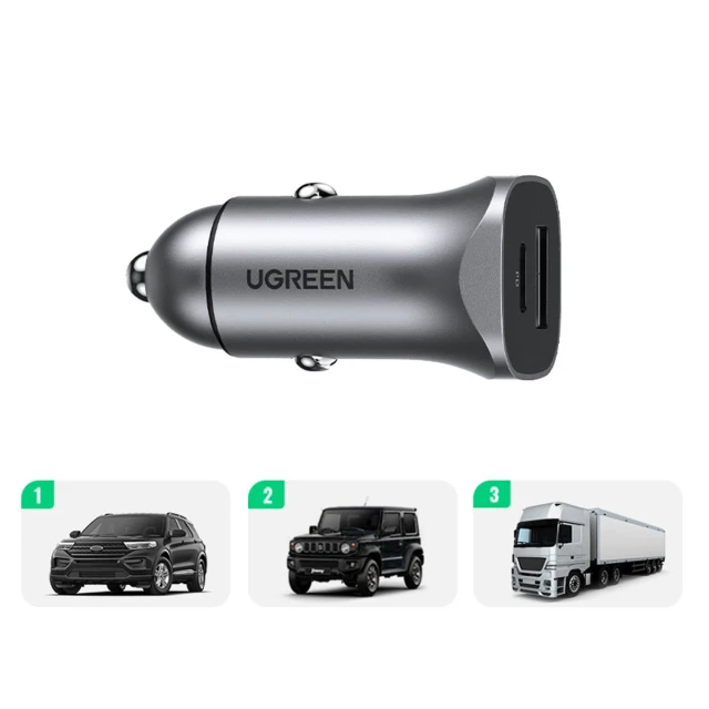 Автомобільний зарядний пристрій Ugreen USB-A/USB-C 30W Grey (6957303848584)