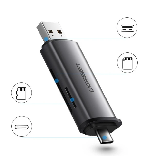 Адаптер Ugreen SD/micro SD Card Reader for USB-А/USB Type-C Gray (UGR179)