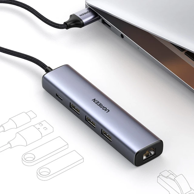 USB-хаб Ugreen USB-A (male)/USB Type-C/3x USB-A (female)/Ethernet RJ45 Gray (UGR1219SLV)