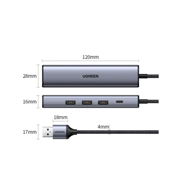 USB-хаб Ugreen USB-A (male)/USB Type-C/3x USB-A (female)/Ethernet RJ45 Gray (UGR1219SLV)