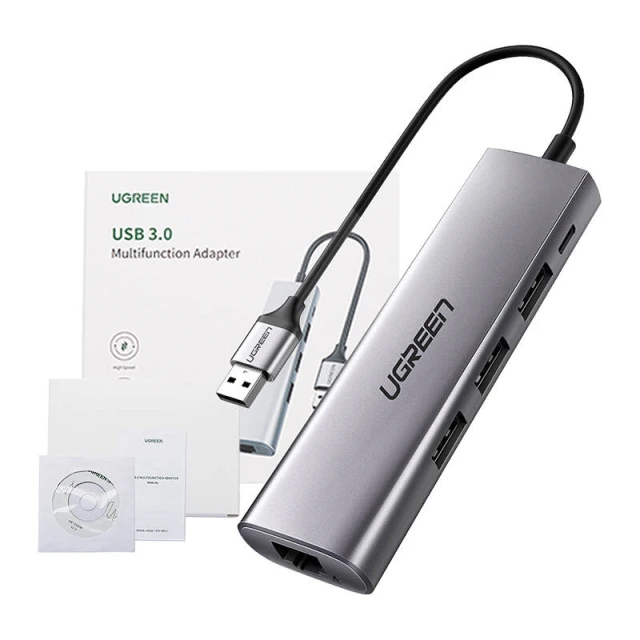 USB-хаб Ugreen CM266 5-in-1 USB-A to 3xUSB-A/microUSB/RJ45 Grey (60812)