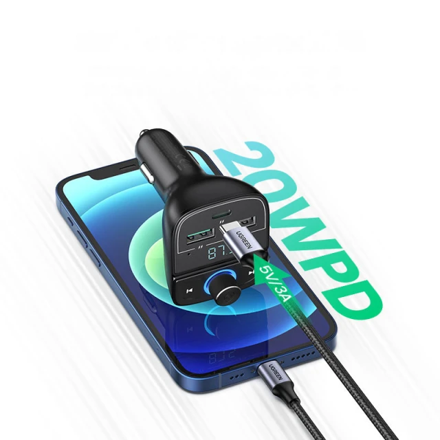 Автомобільний зарядний пристрій Ugreen FM Transmitter 4.8 A MP3 car charger 2x USB-A/USB Type-C/TF/micro SD Black (UGR997BLK)