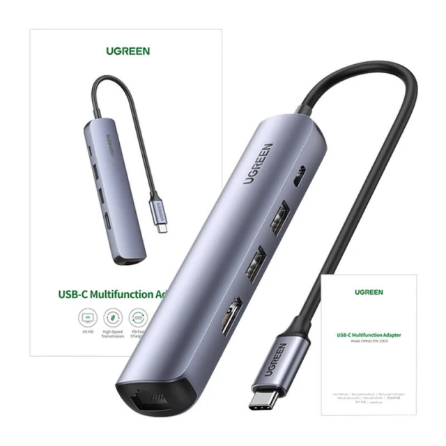 USB-хаб Ugreen USB-C to 2x USB | HDMI 4K | RJ45 | PD 100W Grey (CM418)