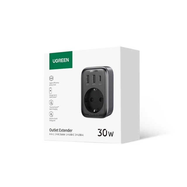 Мережевий зарядний пристрій Ugreen CD314 30W USB-C | 2xUSB-A | AC Black (90613)