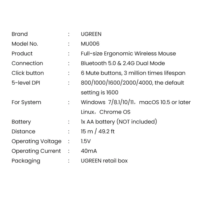 Бездротова миша Ugreen USB 2.4GHz Bluetooth 5.0 4000 DPI Black (6957303898558)