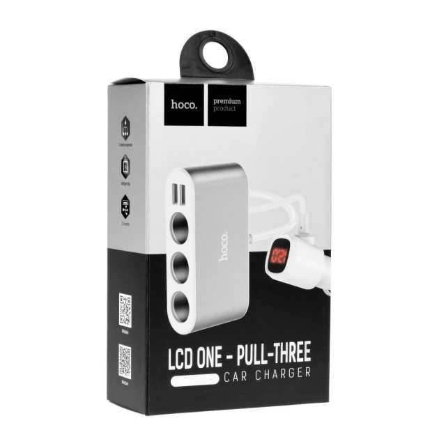 Разветвитель автомобильный HOCO Z13 3в1 с дисплеем + 2x USB A 2.1A Silver (6957531050896)