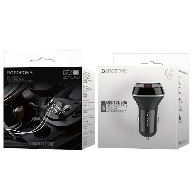Автомобільний зарядний пристрій Borofone 2x USB з LCD-дисплеєм Black (BFO-BZ3-B)