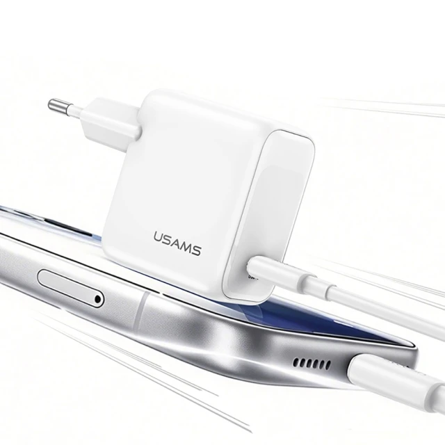 Мережевий зарядний пристрій Usams CC339 T76 GaN 45W USB-C + кабель SJ711 USB-C/USB-C 1m White (T76TZ01)