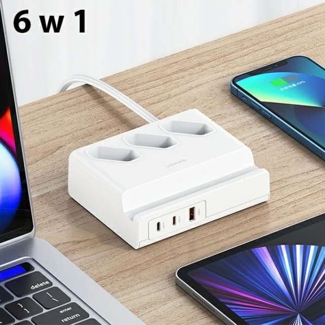 Мережевий подовжувач Usams CC160 65W Super Si FC USB Extension Socket EU 2xUSB-C | USB-A | 3x220V White (CC160TC01)