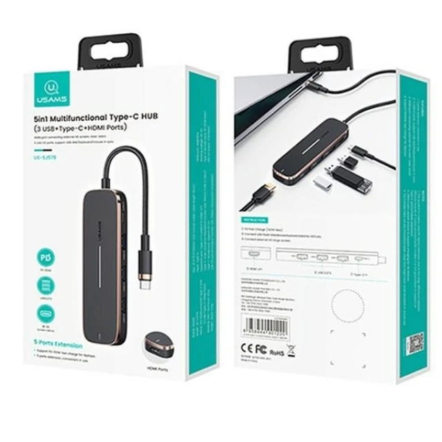 USB-хаб Usams SJ578 USB-C to 3xUSB-A | USB-C | HDMI Black (SJ578HUB01)