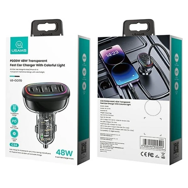 Автомобильное зарядное устройство Usams US-CC170 C34 PD 48W USB-C | 3xUSB-A Black (CC170CC01)