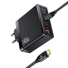 Мережевий зарядний пристрій Usams UM Series FC/PD 140W 2xUSB-C | USB-A with USB-C to USB-C Cable Black (UMXLOGTC01)