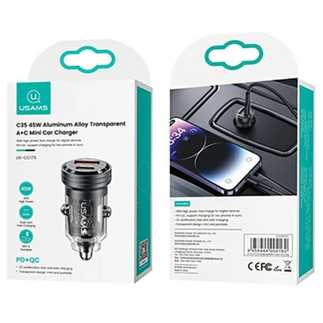 Автомобільний зарядний пристрій Usams US-CC175 C35 PD/FC/QC 45W USB-A | USB-C Black (CC175CC01)