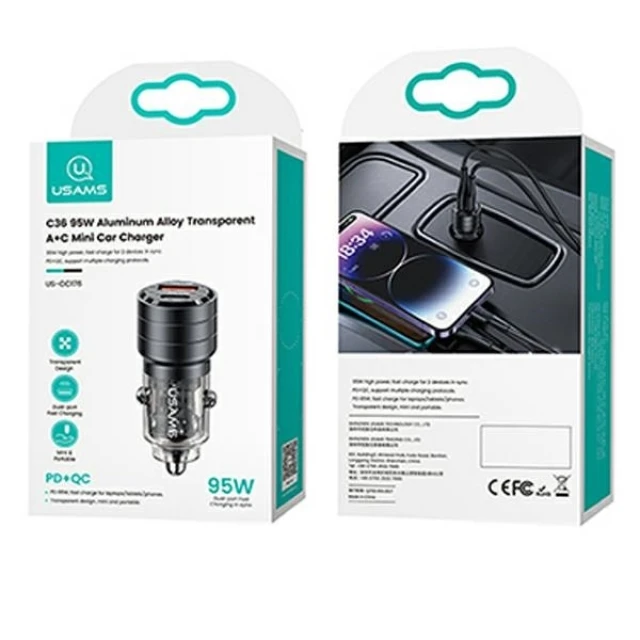 Автомобільний зарядний пристрій Usams US-CC176 C36 PD/FC/QC 95W USB-A | USB-C Black (CC176CC01)