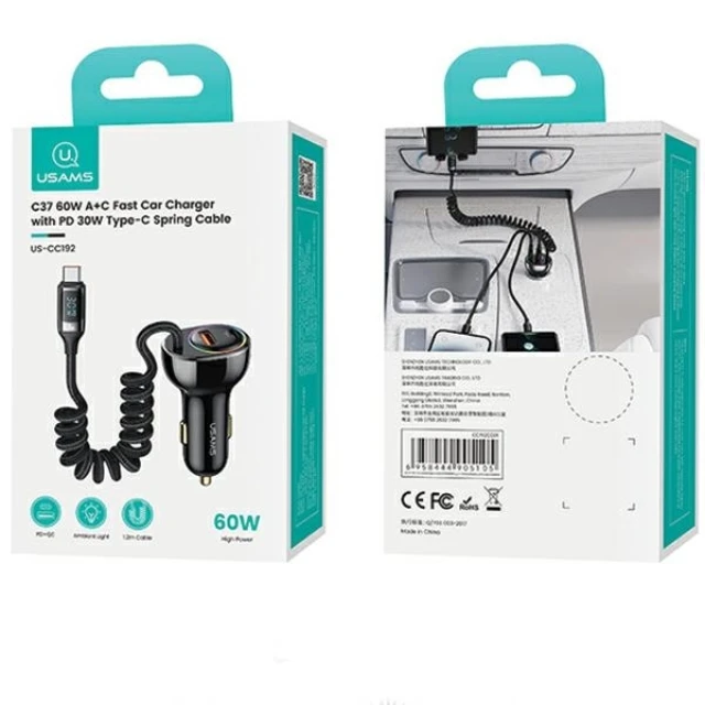 Автомобільний зарядний пристрій Usams US-CC193 C37 PD/QC 60W USB-A | USB-C Black with USB-C Cable (CC192CC01)