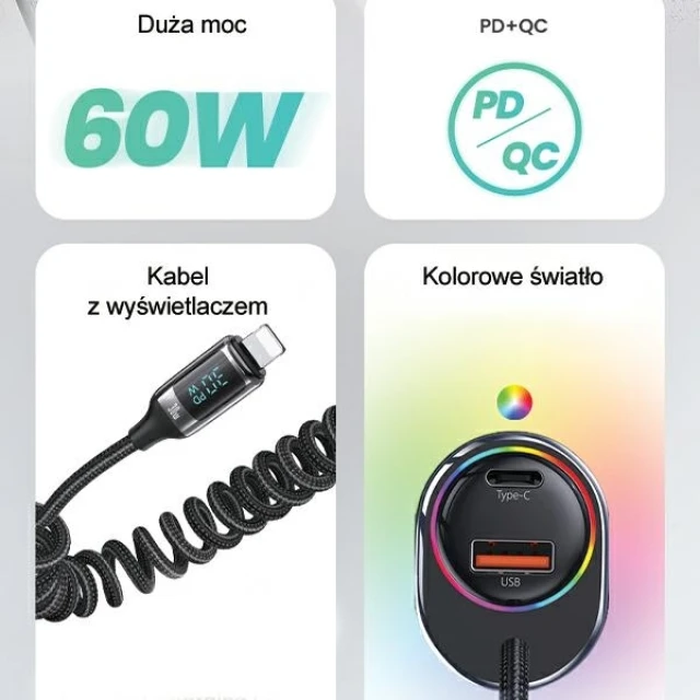 Автомобільний зарядний пристрій Usams US-CC193 C37 PD/QC 60W USB-A | USB-C Black with Ligtning Cable (CC193CC01)