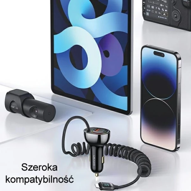 Автомобільний зарядний пристрій Usams US-CC193 C37 PD/QC 60W USB-A | USB-C Black with Ligtning Cable (CC193CC01)