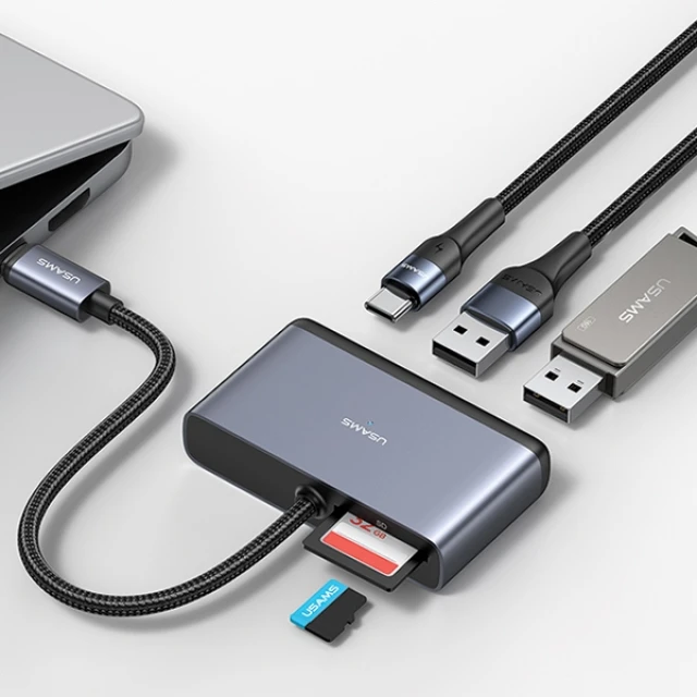 USB-хаб Usams SJ628 PD 100W 5-in1 USB-C to USB-A 2.0 | USB-A 3.0 | USB-C | TF | SD Dark Grey (SJ628HUB01)
