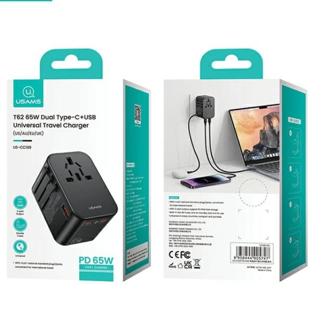 Мережевий зарядний пристрій Usams CC199 T62 US | EU | UK | AU 65W USB-A | 2xUSB-C Black (CC199TC01)