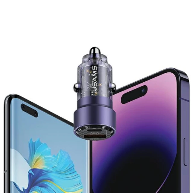 Автомобільний зарядний пристрій Usams US-CC208 C39 FC 60W USB-A | USB-C Purple (CC208CC02)