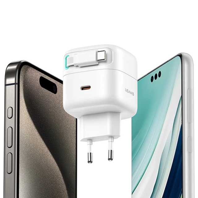 Мережевий зарядний пристрій Usams US-CC202 GaN PD/QC 35W USB-C White with USB-C Cable (CC202TC02)