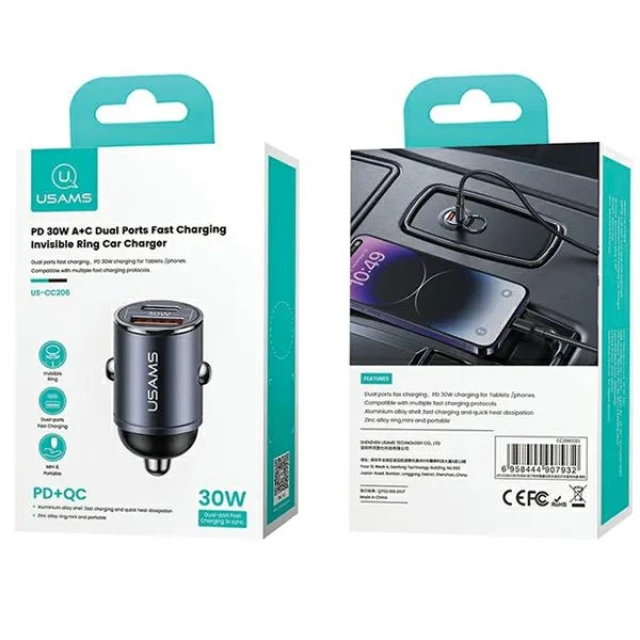 Автомобільний зарядний пристрій Usams US-CC206 C38 PD/QC 30W USB-C | USB-A Tarnish (CC206CC01)