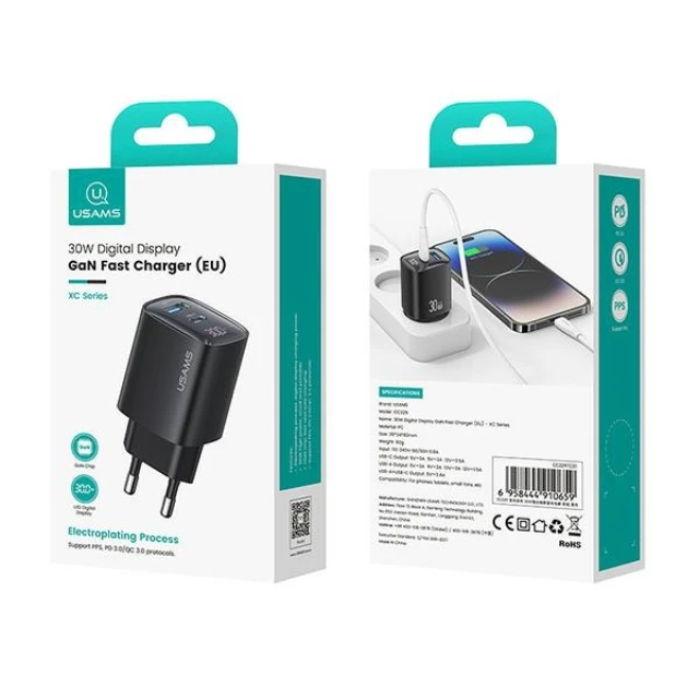 Мережевий зарядний пристрій Usams XC Series FC 30W USB-C | USB-A Black (CC229TC01)