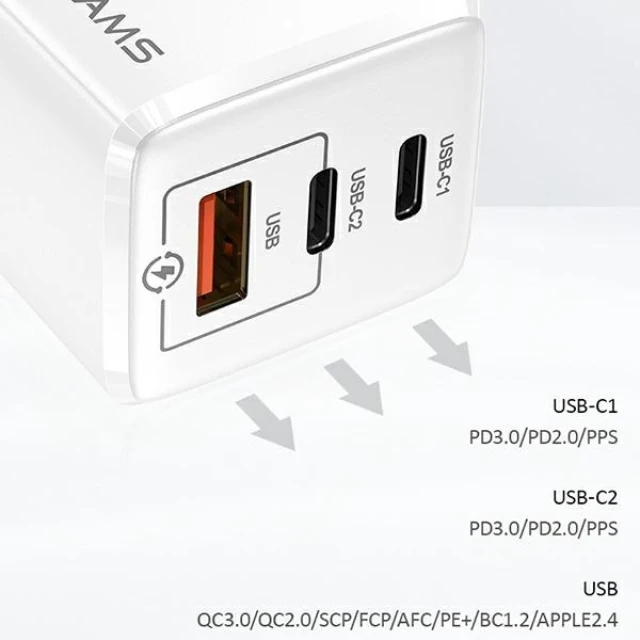 Мережевий зарядний пристрій Usams US-CC110 T33 GaN PD/FC/QC 65W 2xUSB-C | USB-A White (CC110TC02)