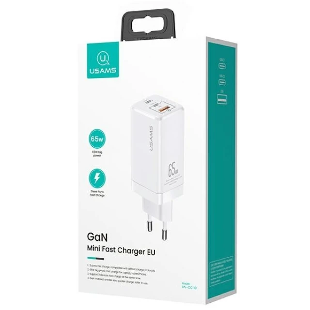 Мережевий зарядний пристрій Usams US-CC110 T33 GaN PD/FC/QC 65W 2xUSB-C | USB-A White (CC110TC02)