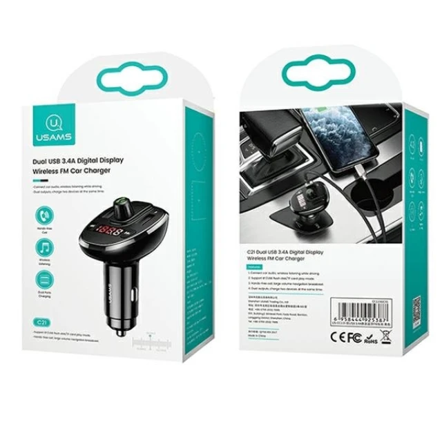 Автомобільний зарядний пристрій Usams CC115 C21 FM Transmiter 2xUSB 3.4A Black (CC115GC01)