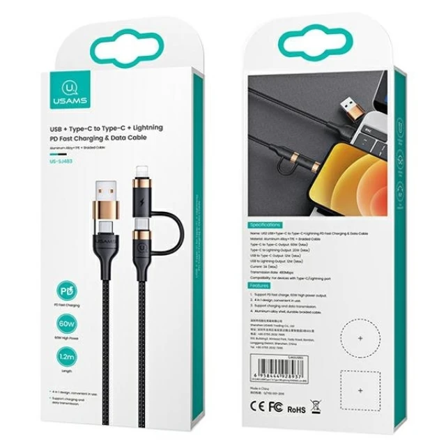 Кабель Usams US-SJ483 U62 PD | FC USB-A/USB-C to USB-C/Lightning 1.2m Black (SJ483USB01)