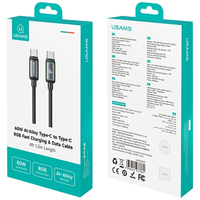 Кабель Usams Al-Alloy SJ815 U110 RGB Fast Charging 60W USB-C to Lightning 1.2m Black (SJ815USB01)
