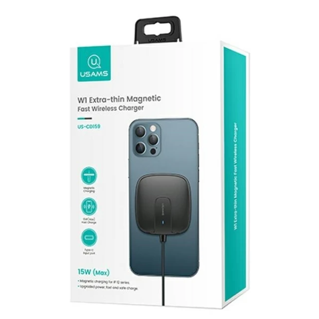 Бездротовий зарядний пристрій Usams US-CD159 W1 Extra-Thin QC 15W Black (CD159DZ01)