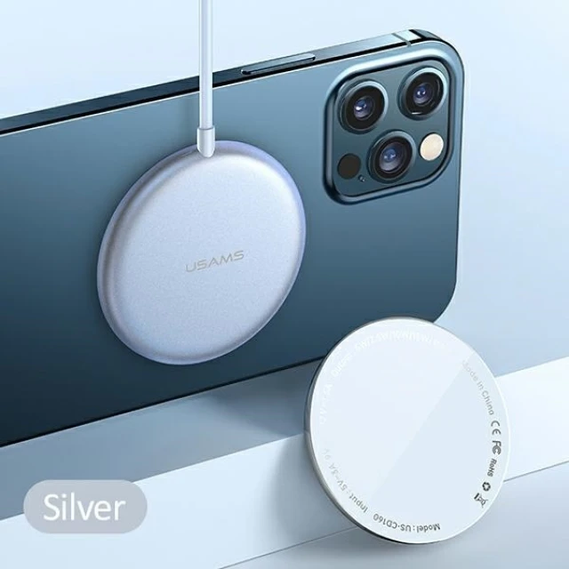 Бездротовий зарядний пристрій Usams US-CD160 W2 QC 15W Silver with MagSafe (CD160DZ01)
